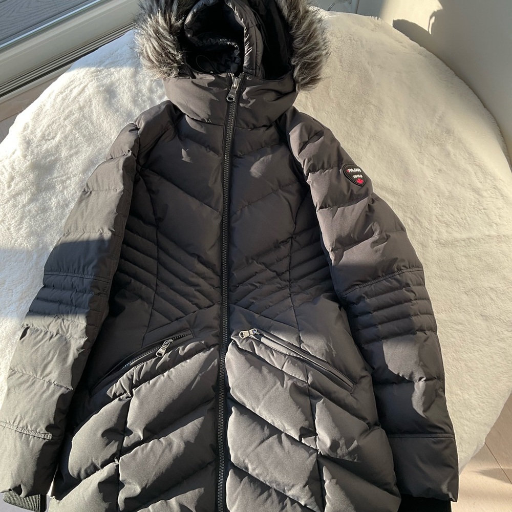 Pajar Canada Long Down Black Faux Fur Hood Parka size Small